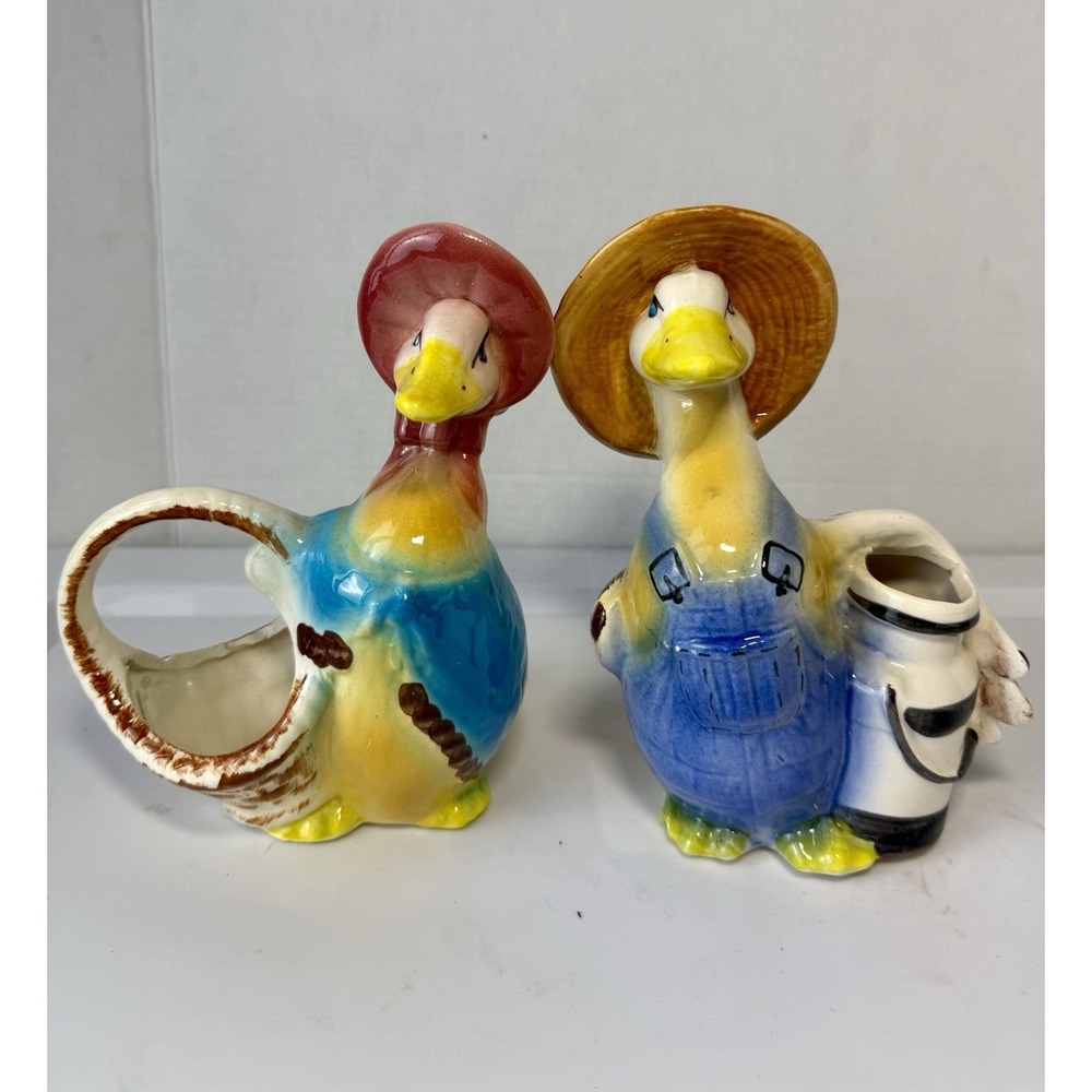 Vtg Goose / Duck Farmer Couple with Baskets Ceramic Planters Vases Cottagecore 3